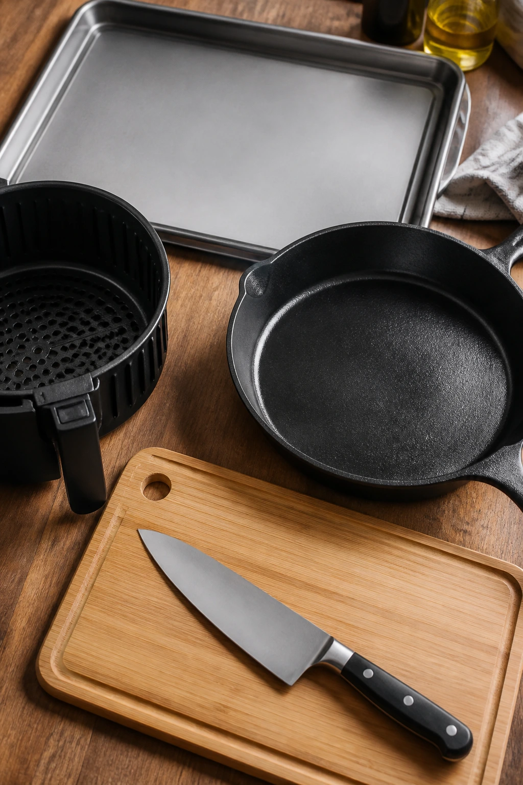 Set of essential pan-cooking tools arranged on a wooden counter