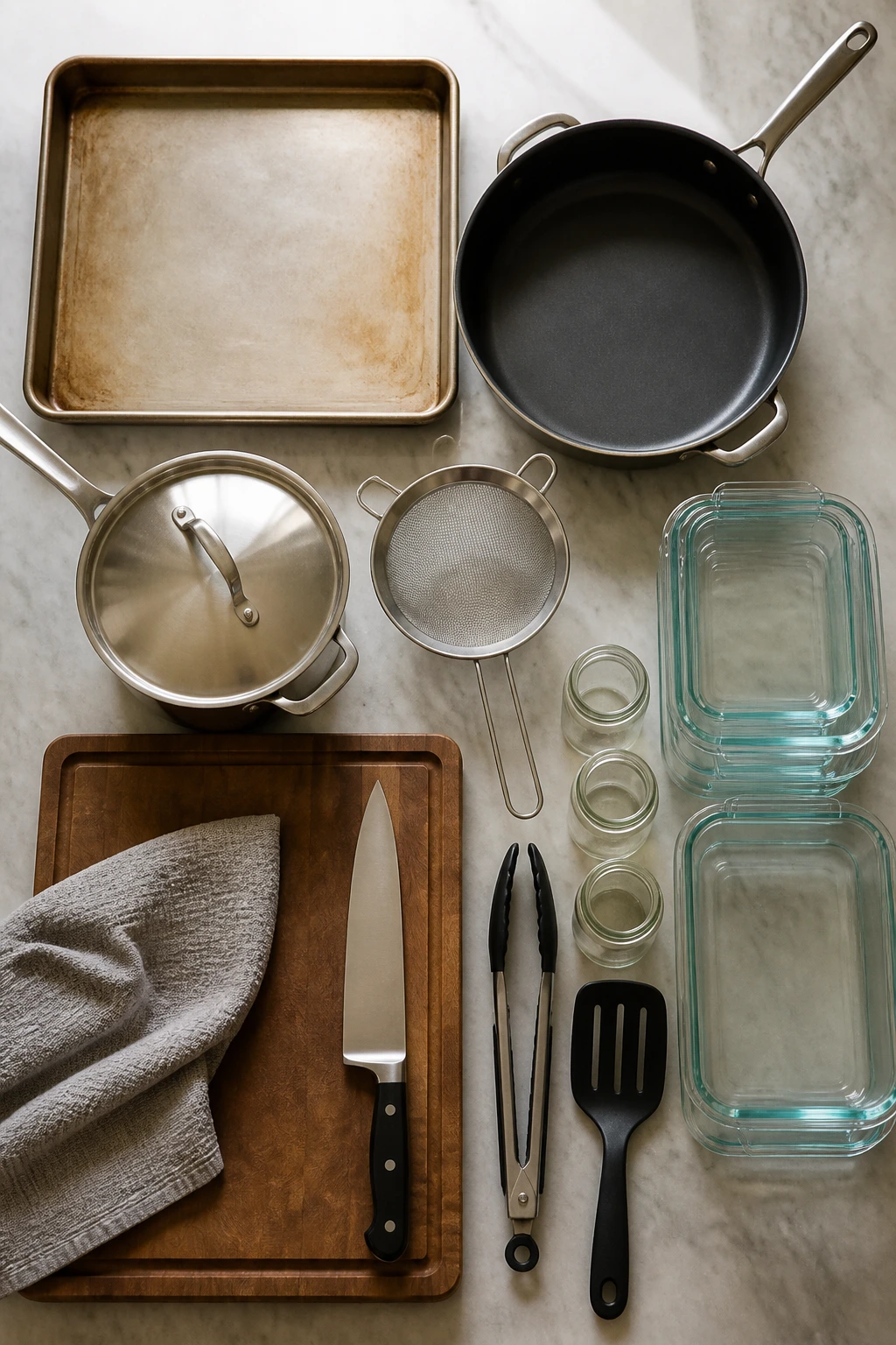 Top-down view of essential kitchen equipment for meal-prep bowls