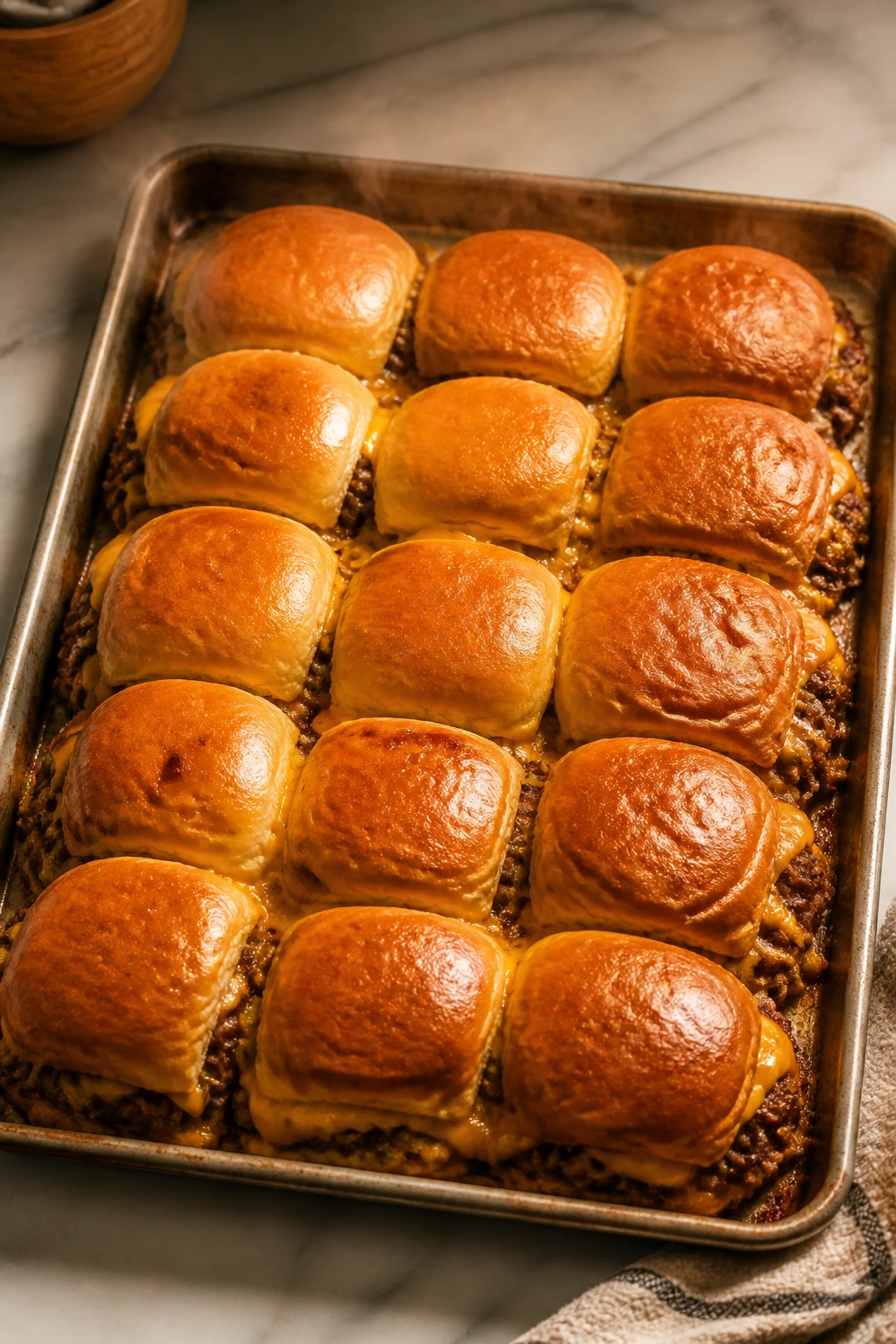 Sheet-pan cheeseburger sliders with melted cheese on a baking sheet in a kitchen