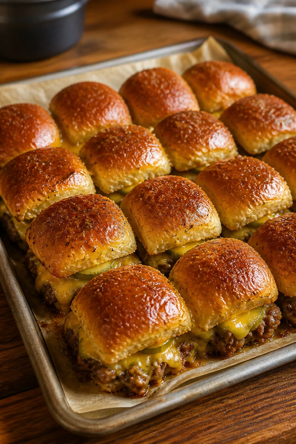 Sheet-pan sliders ready to bake with melted cheese and buttered tops