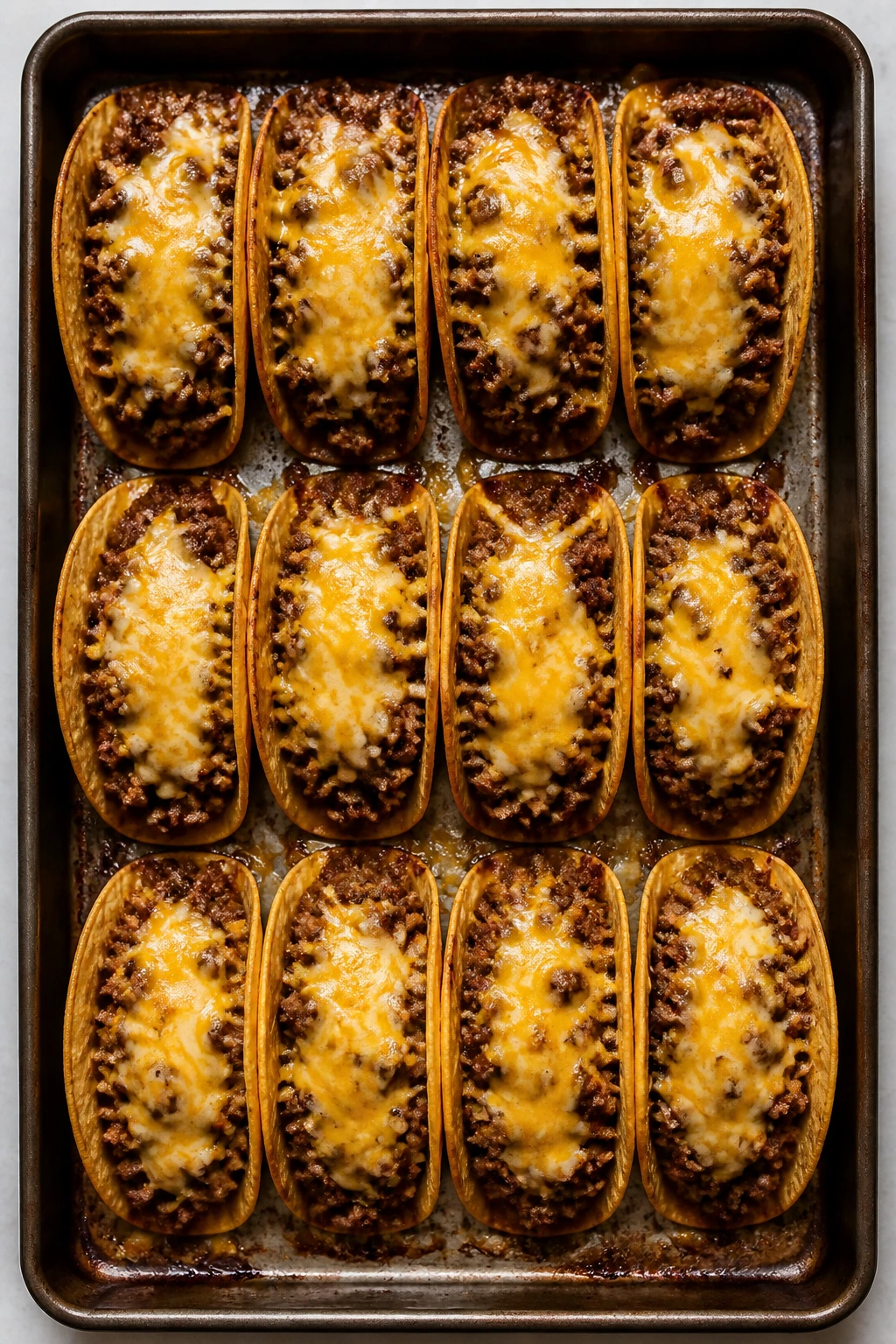 Top-down sheet pan with baked ground beef tacos