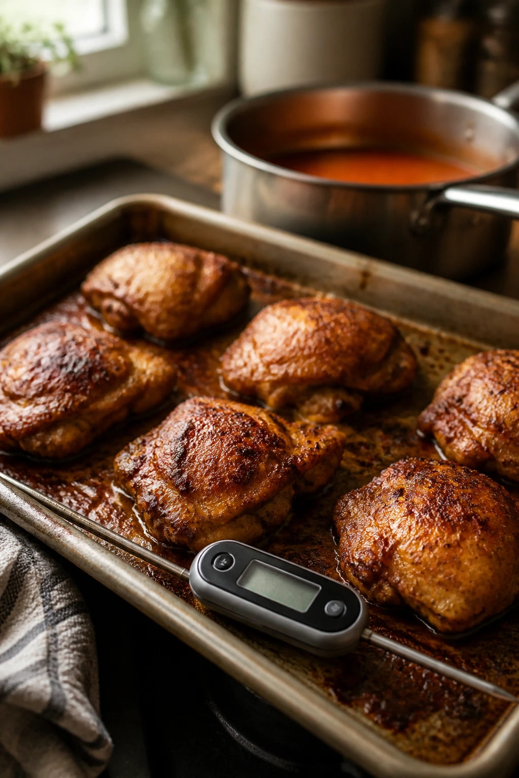 Sheet pan with chicken and thermometer in a kitchen