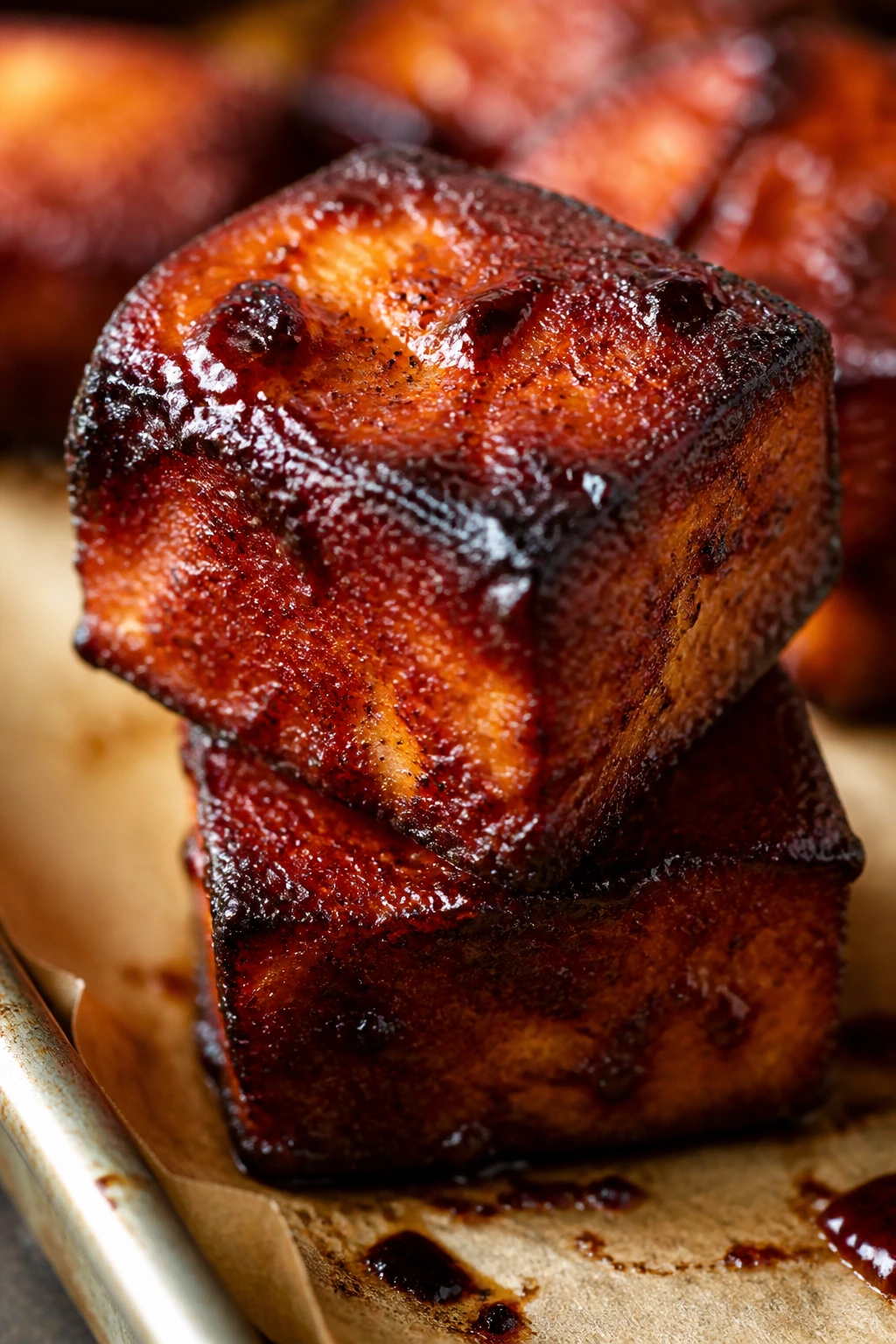 Close-up of a perfectly crisp tofu piece on a sheet pan