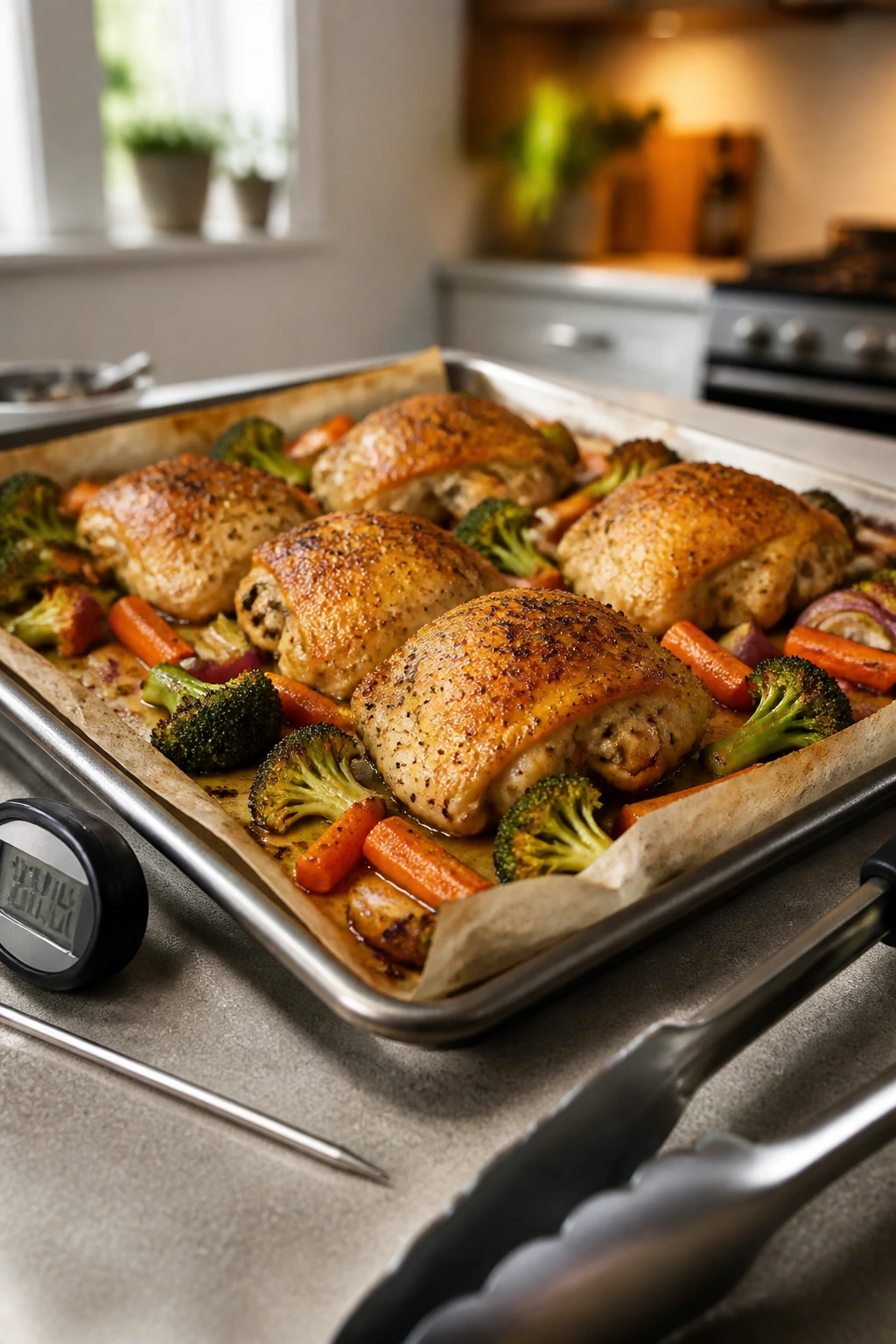 Sheet pan with parchment, roasted chicken and vegetables, tongs and thermometer nearby