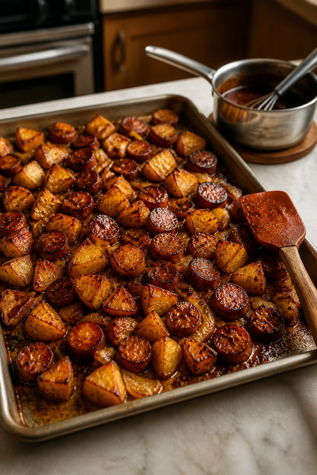 Sheet pan with crispy edges and baking tools nearby