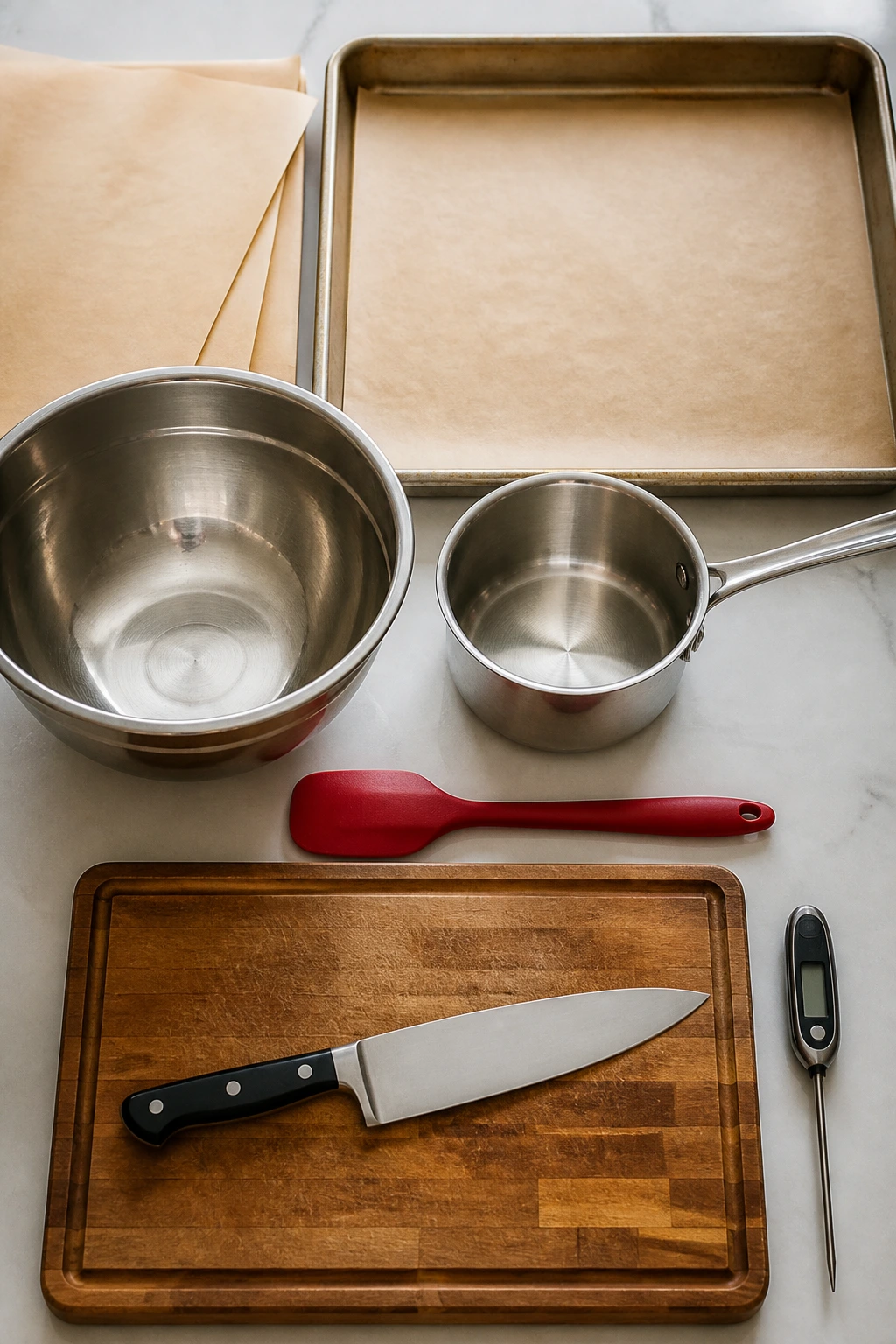 Tools for sheet-pan cooking arranged on a counter