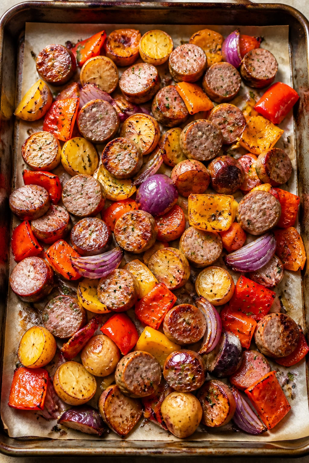 Close-up of sheet-pan turkey sausage with potatoes and peppers, browned edges