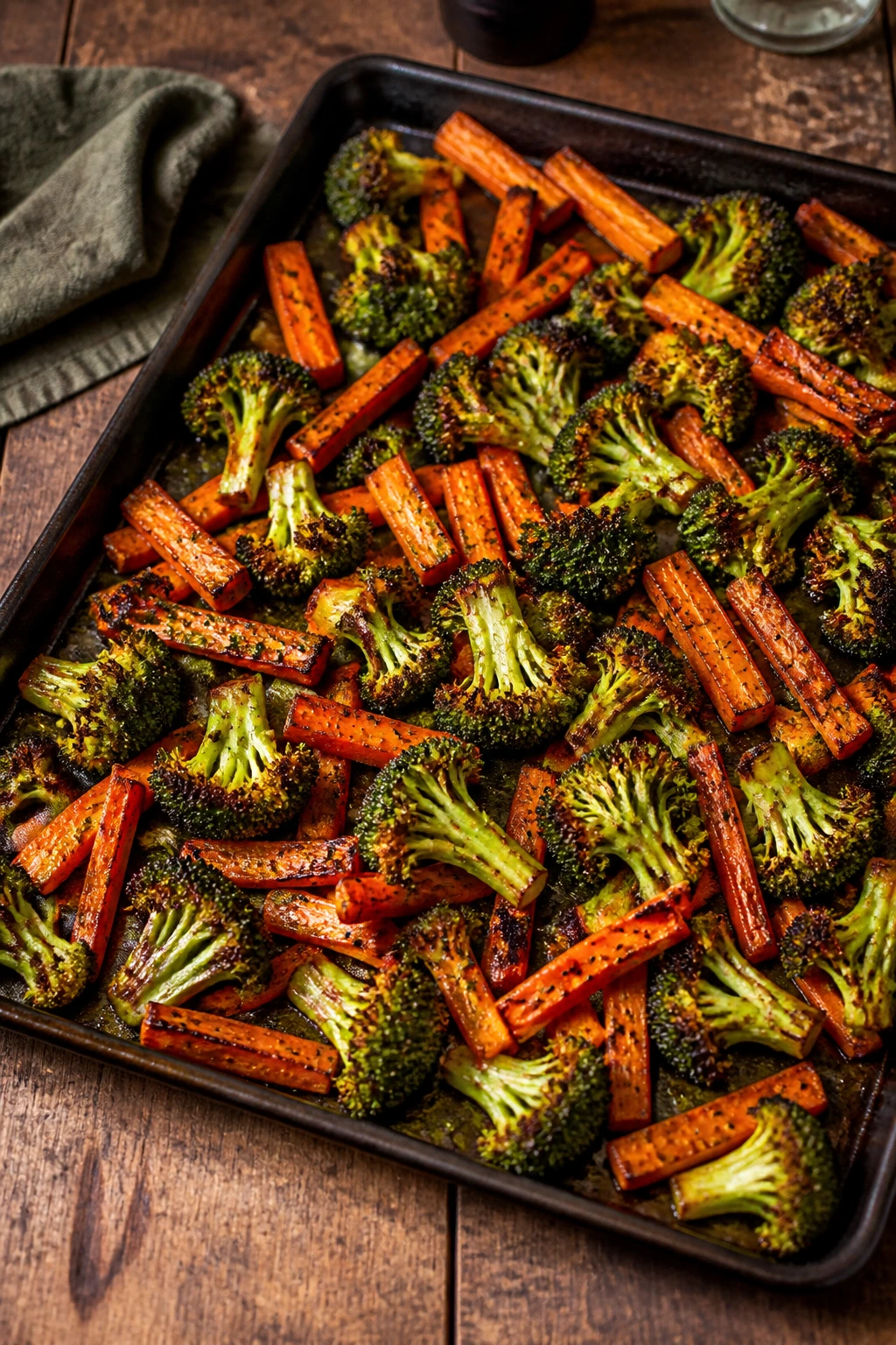 Sheet-pan with broccoli and carrot pieces ready for roasting