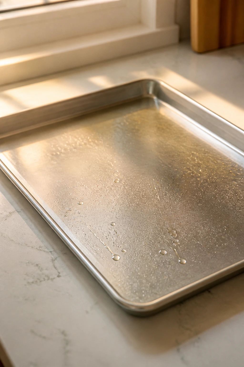 Close-up of a rimmed sheet pan in a bright kitchen, ready for roasting vegan ingredients