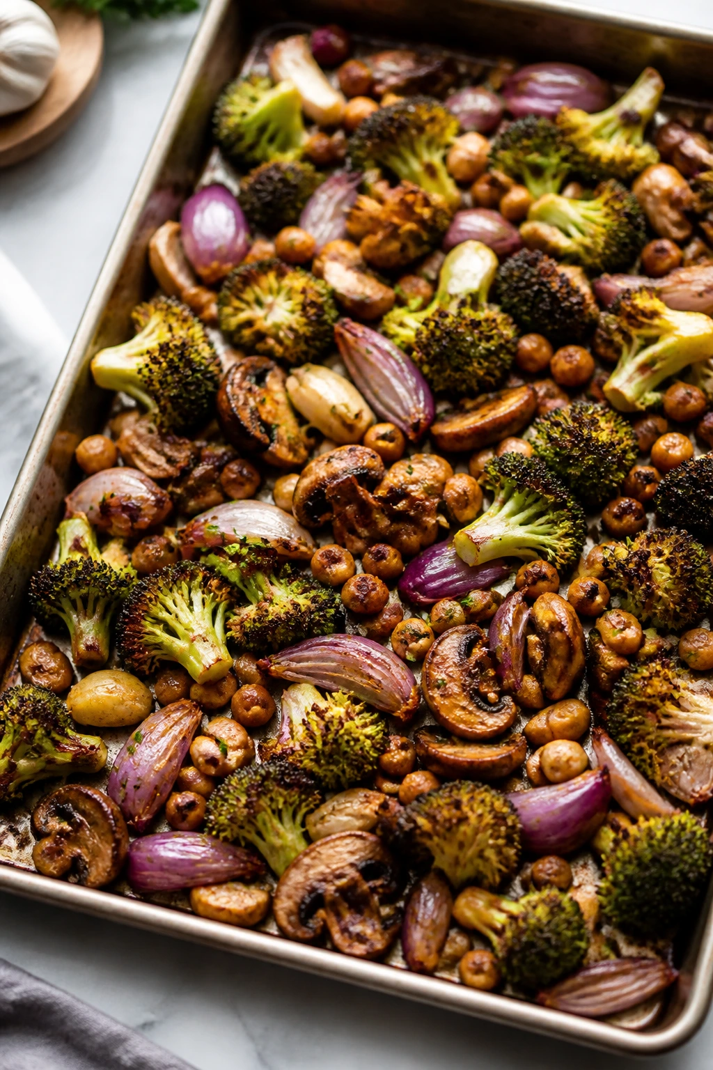 Sheet pan with browned broccoli, onions, mushrooms, and chickpeas in a bright kitchen