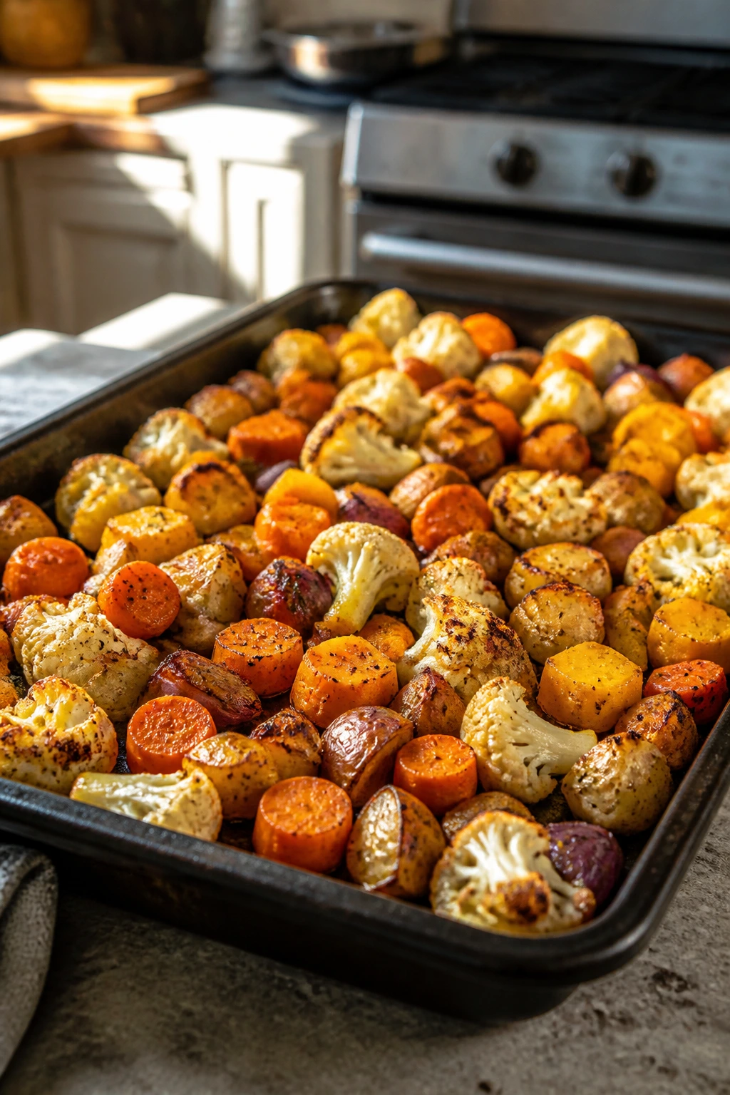 Close-up of a sheet pan with evenly cut vegetables browning