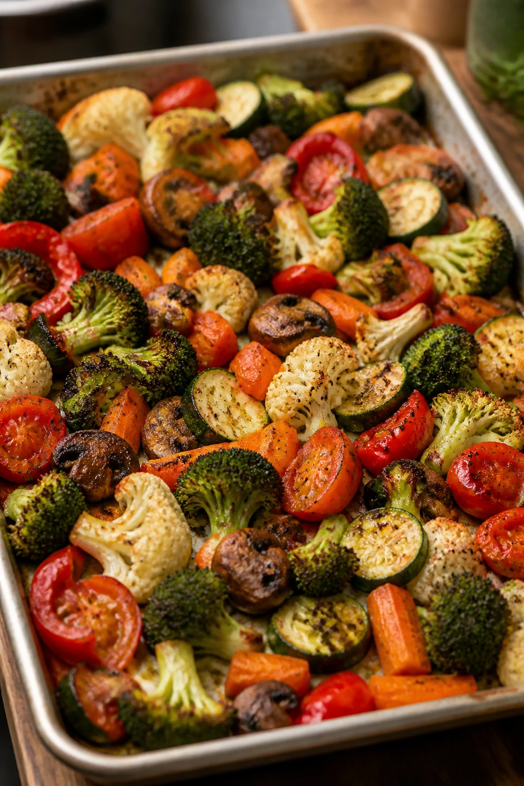 Sheet pan with roasted vegetables filling the frame, showcasing texture and color