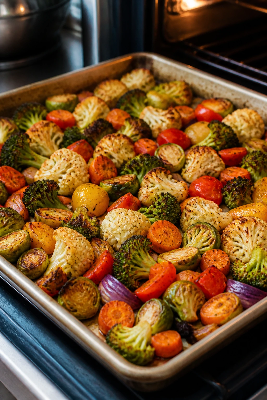 Close-up of a sheet-pan roasted vegetables browning in a warm kitchen