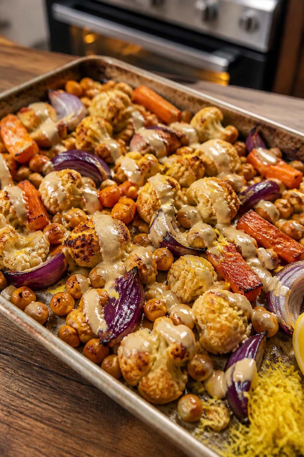 Close-up of sheet-pan roasted cauliflower, carrots, onions and chickpeas with tahini
