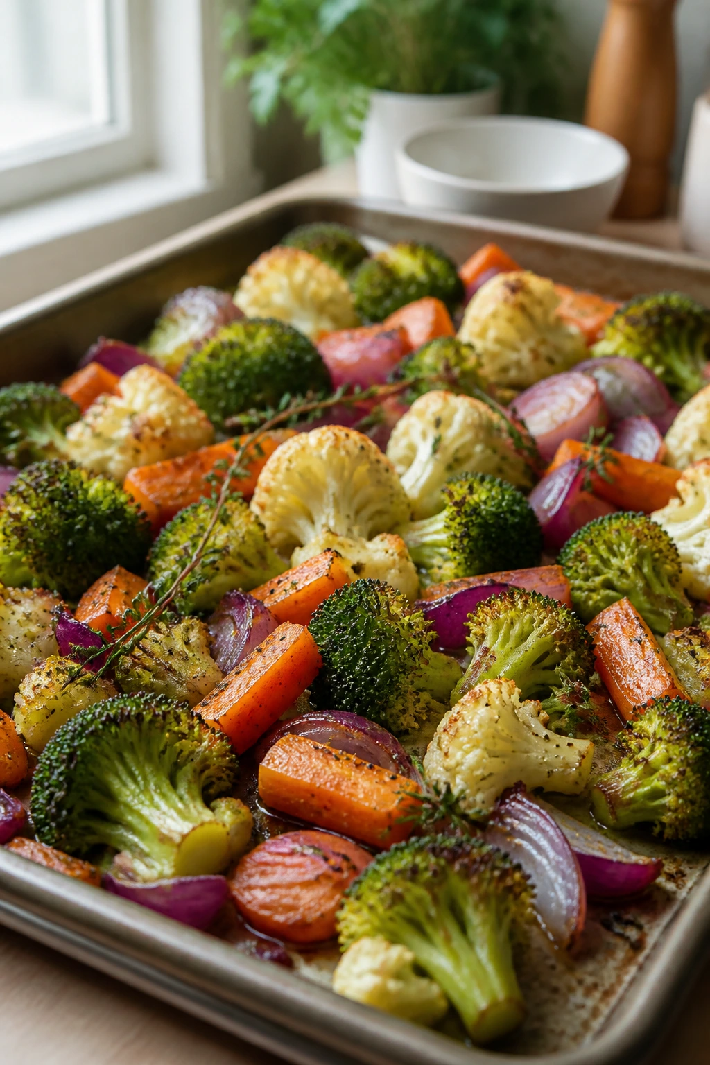 Colorful roasted vegetables on a sheet pan ready to eat.