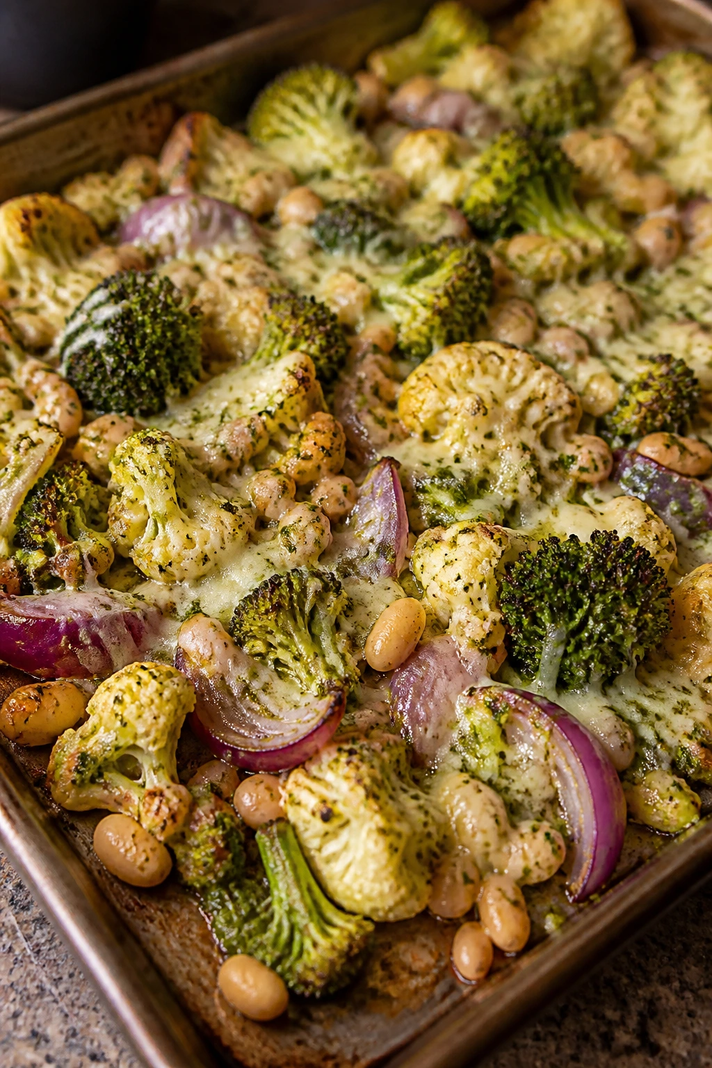 Sheet pan with roasted vegetables and white beans seasoned with pesto