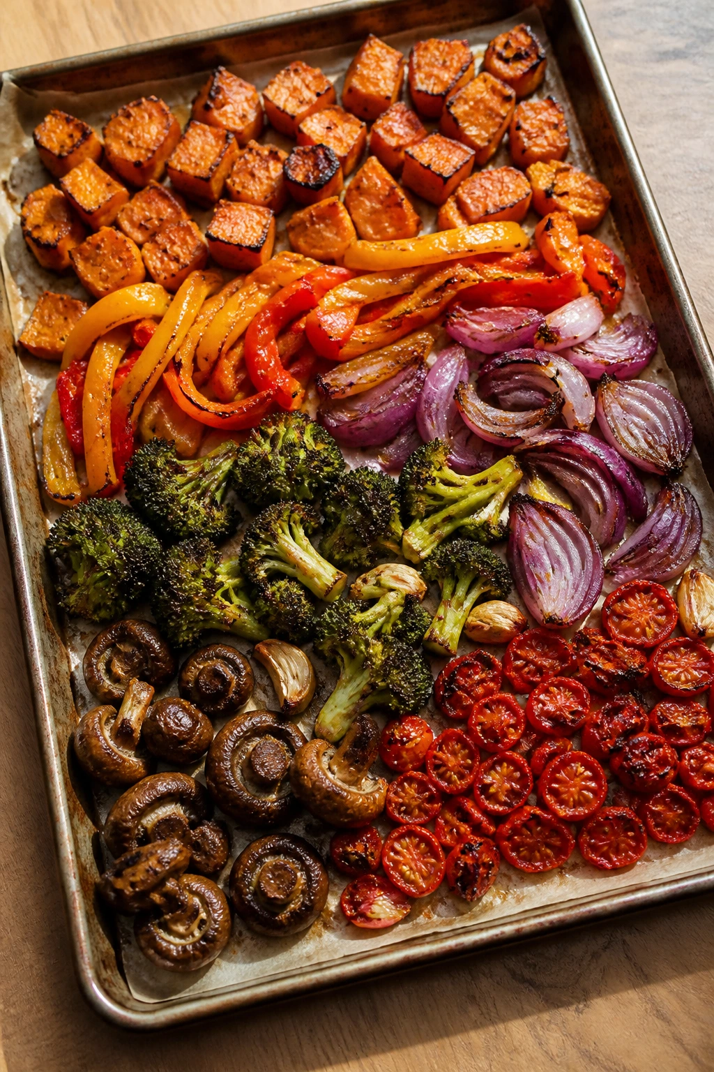 Sheet pan with colorful vegetables showing varied browning to indicate timing and yield