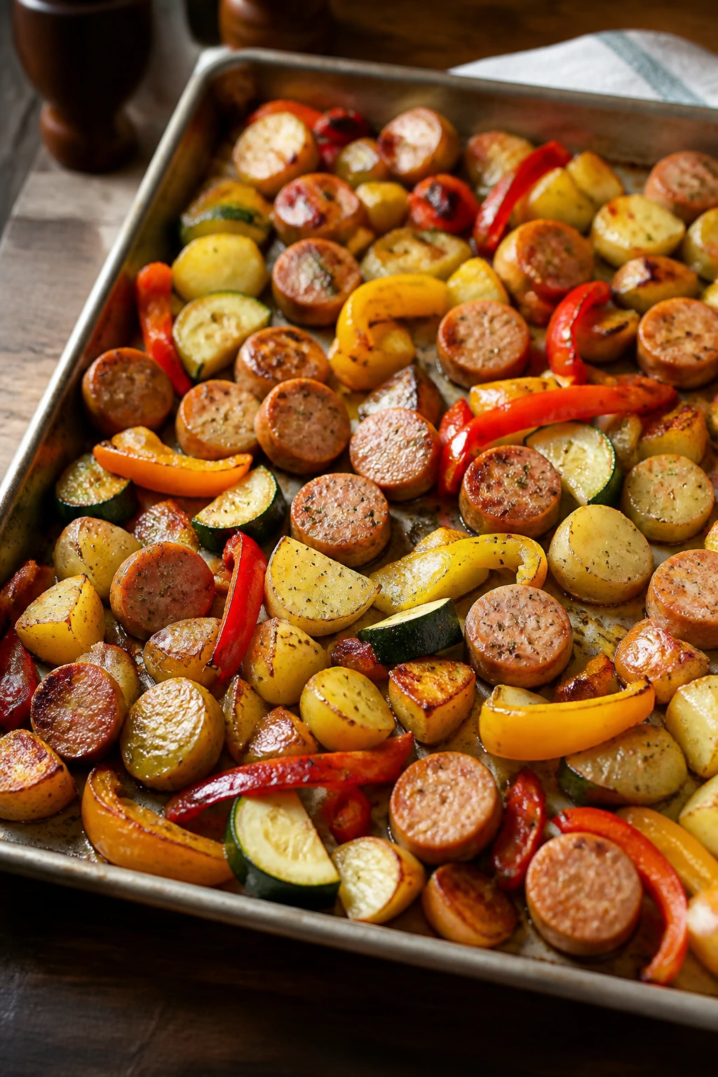 Vibrant sheet-pan with sausage, potatoes, peppers, and zucchini straight from the oven.