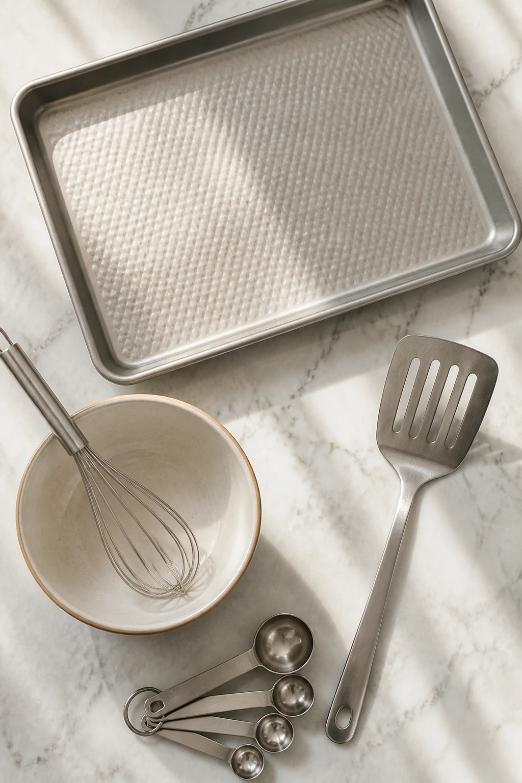 Sheet pan, bowl with whisk, spatula, and measuring spoons on counter