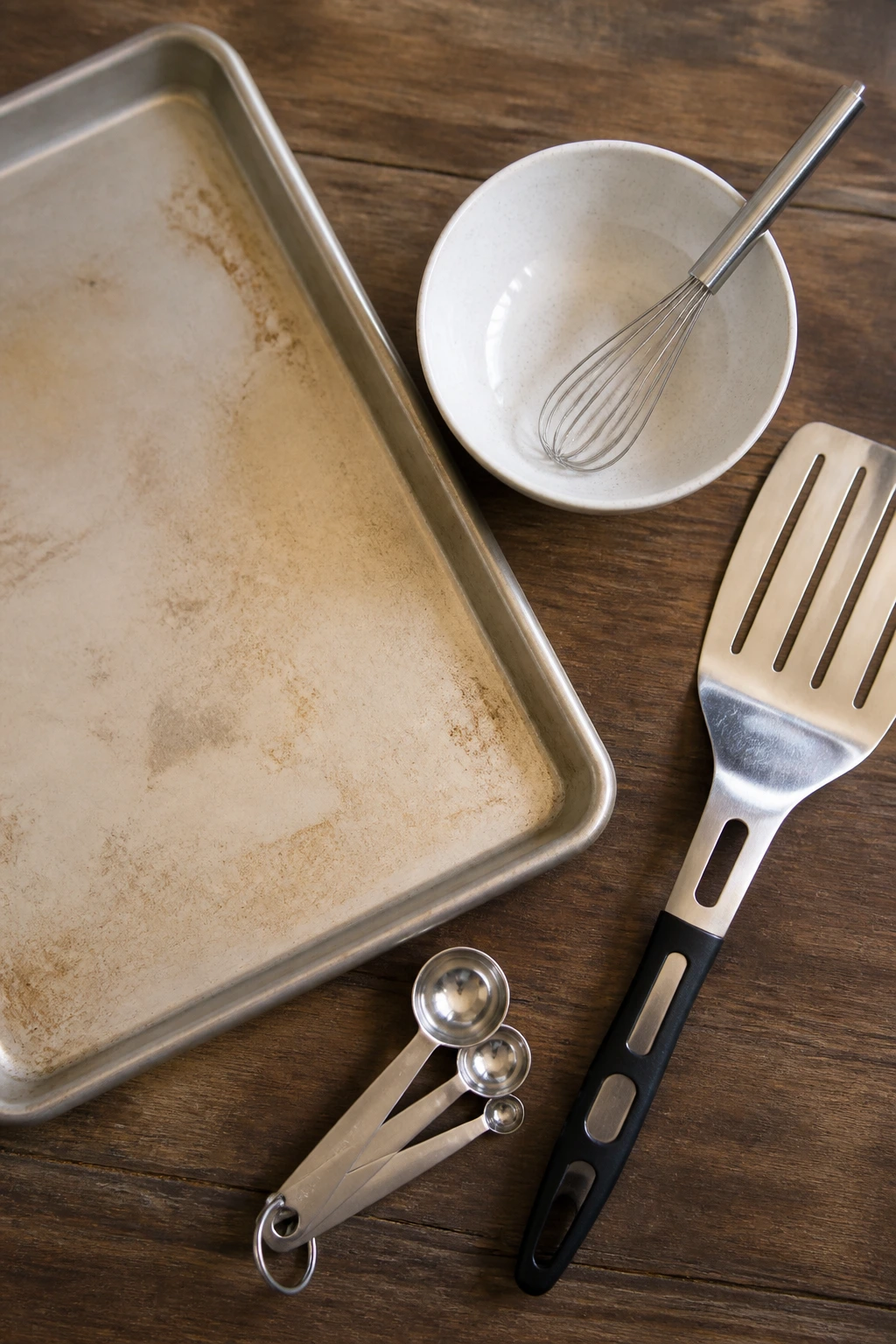 Sheet pan, whisk bowl, spatula, and spoons arranged on wood surface