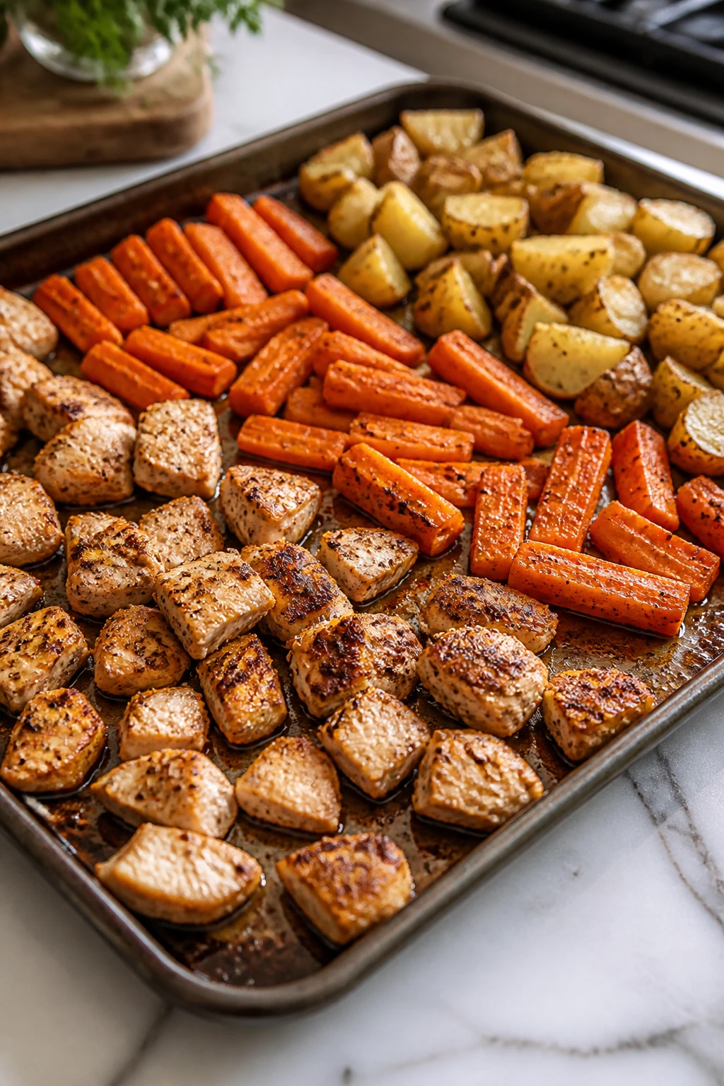Sheet pan with separate zones of chicken, carrots, and potatoes
