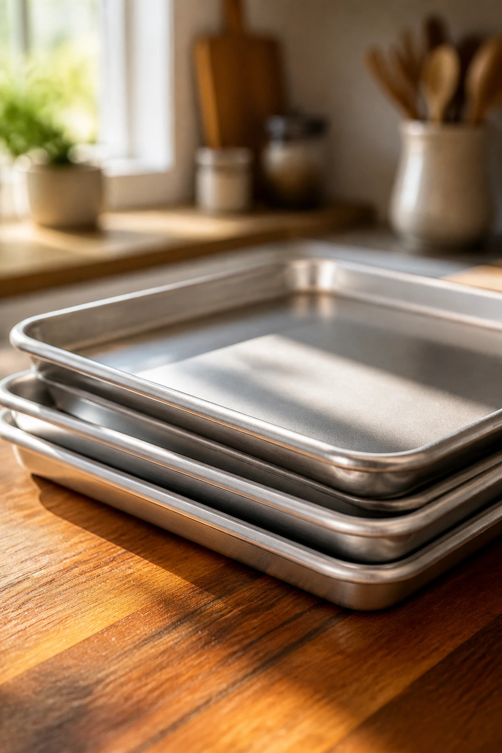 Close-up of rimmed sheet pans on a wooden kitchen counter