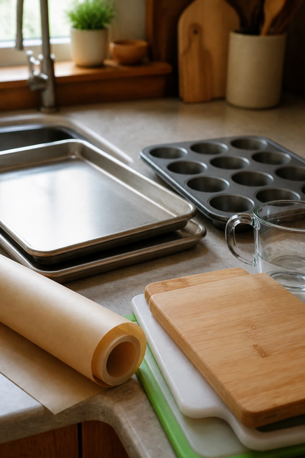 Essential kitchen equipment arranged on counter
