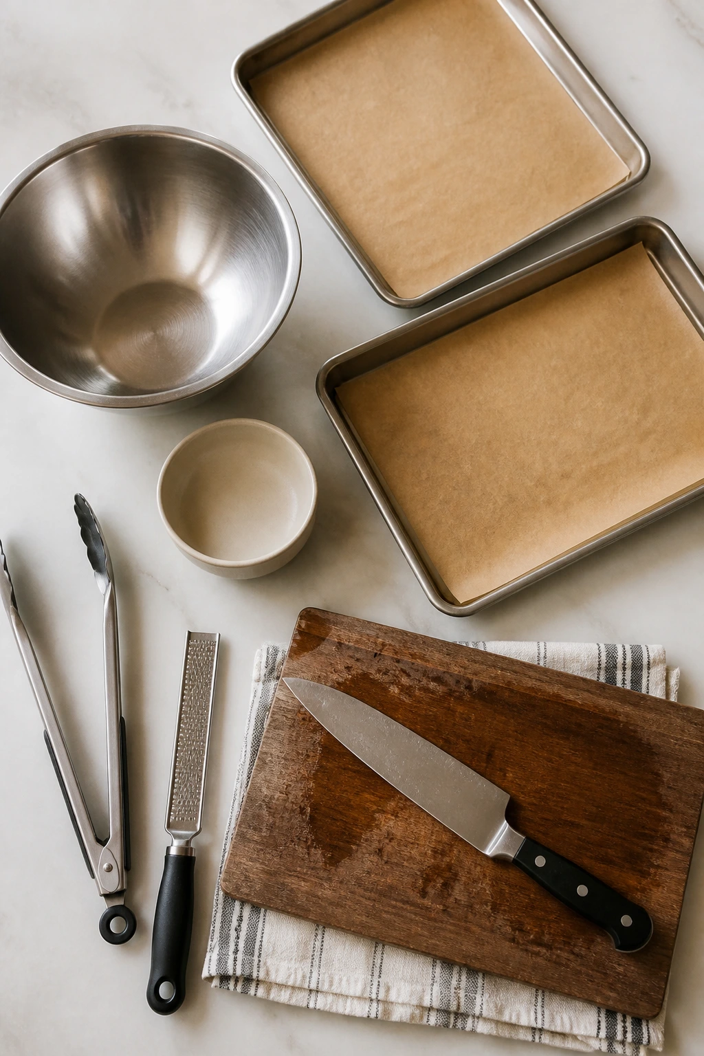 Roasting tools arranged on a kitchen counter