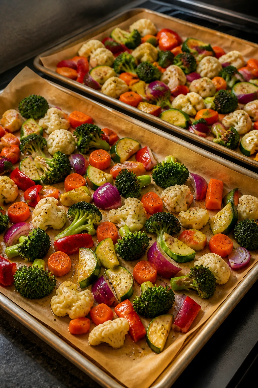 Two parchment-lined sheet pans with roasted vegetables on a kitchen counter