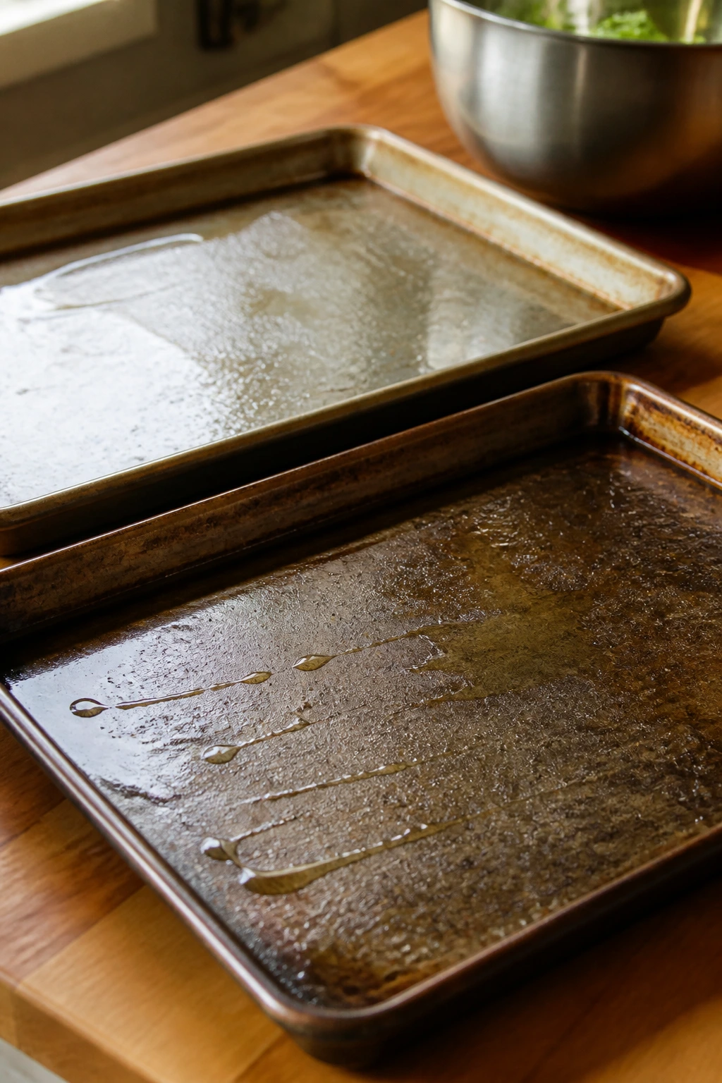 Two rimmed sheet pans ready for roasting on a counter