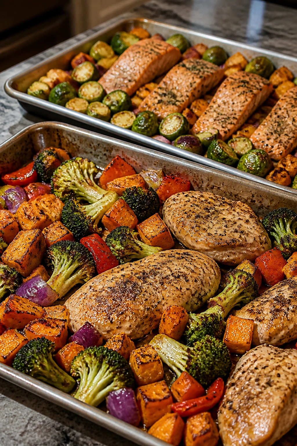 Two rimmed sheet pans with roasted items on a kitchen counter