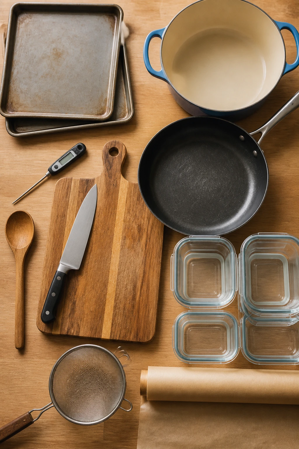 Kitchen tools arranged on counter for meal prep