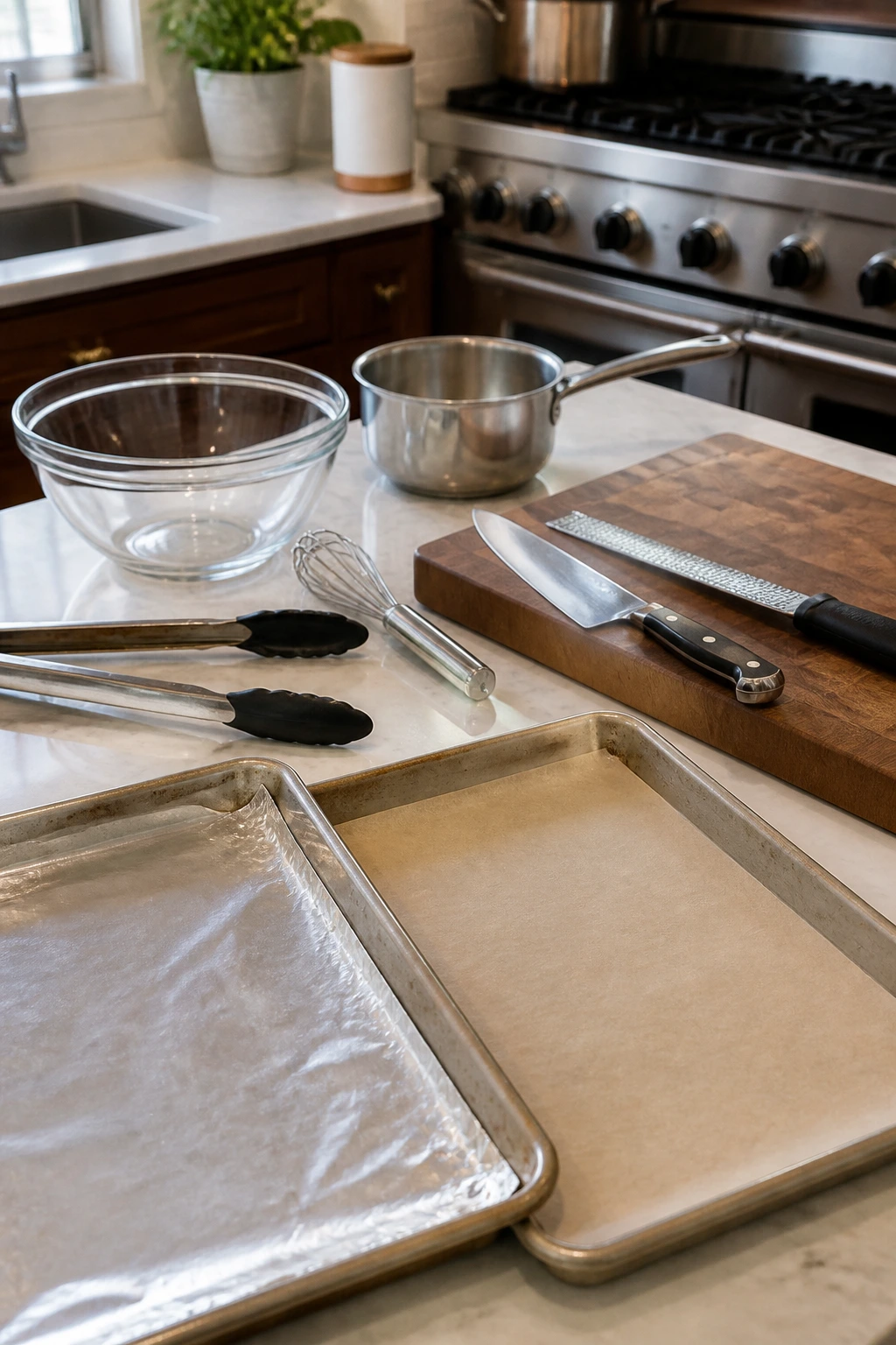 Kitchen tools including pans, parchment, foil, tongs, whisk and knife laid out