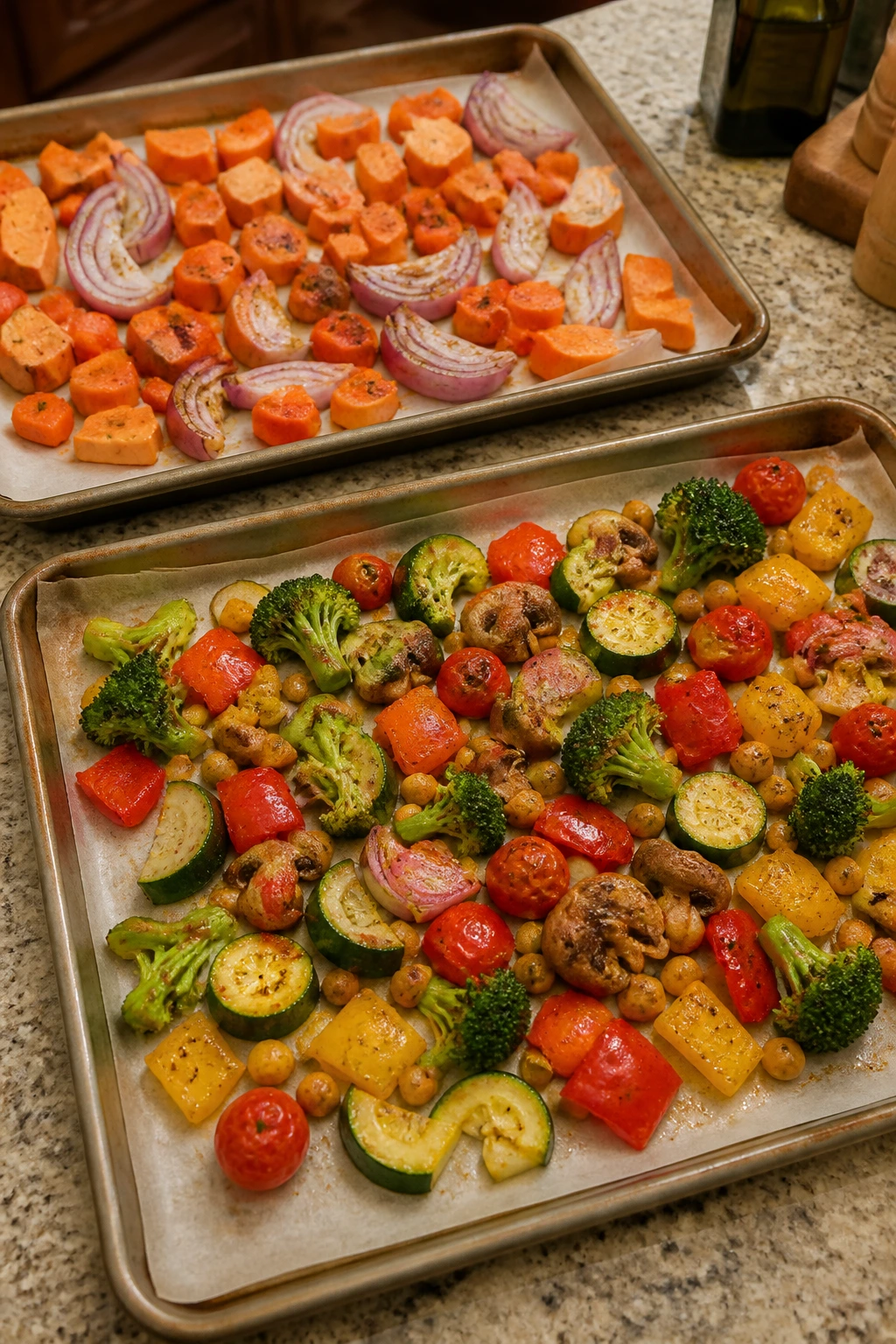 Two parchment-lined sheet pans with colorful vegetables arranged in single layers for roasting.