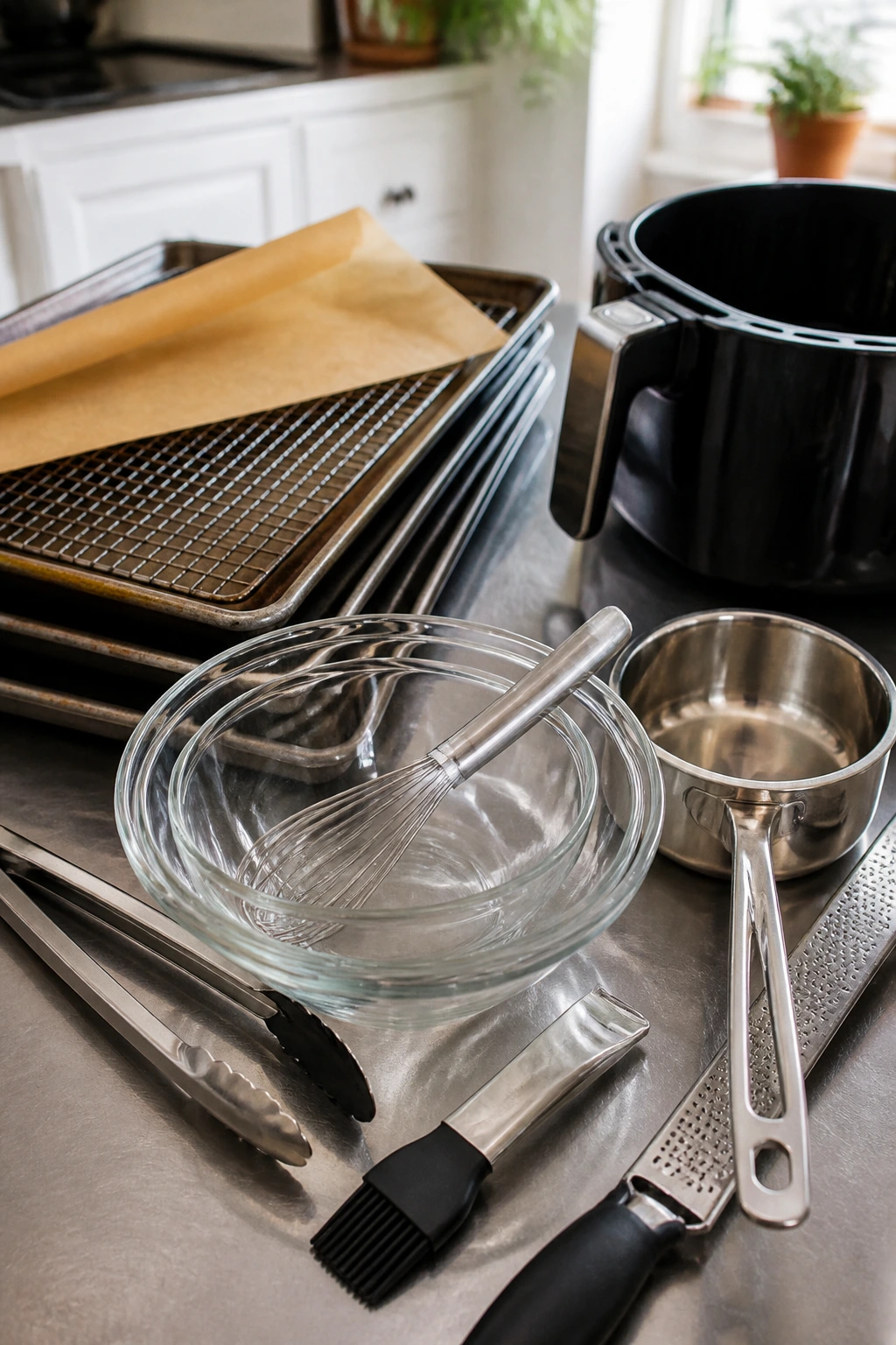 Close-up of essential kitchen equipment: pans, wire rack, parchment, bowls, and utensils on a kitchen counter