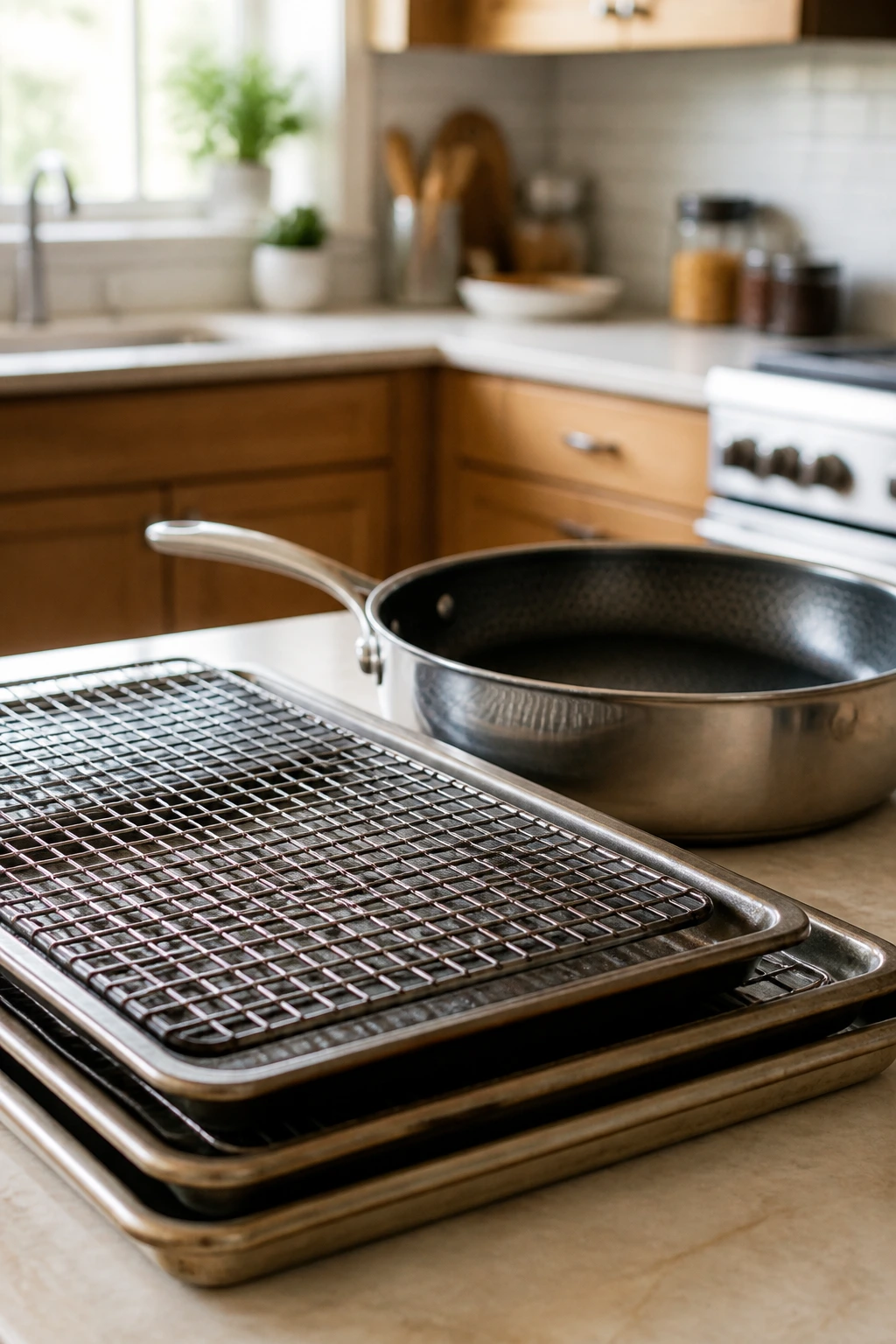 Kitchen counter featuring sheet pans, wire racks, and a skillet for efficient cooking