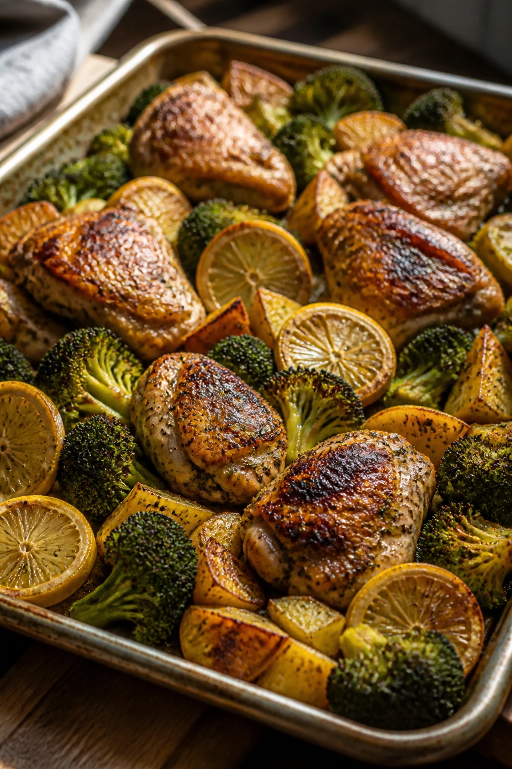 Sheet-pan lemon garlic chicken with broccoli and potatoes on a pan