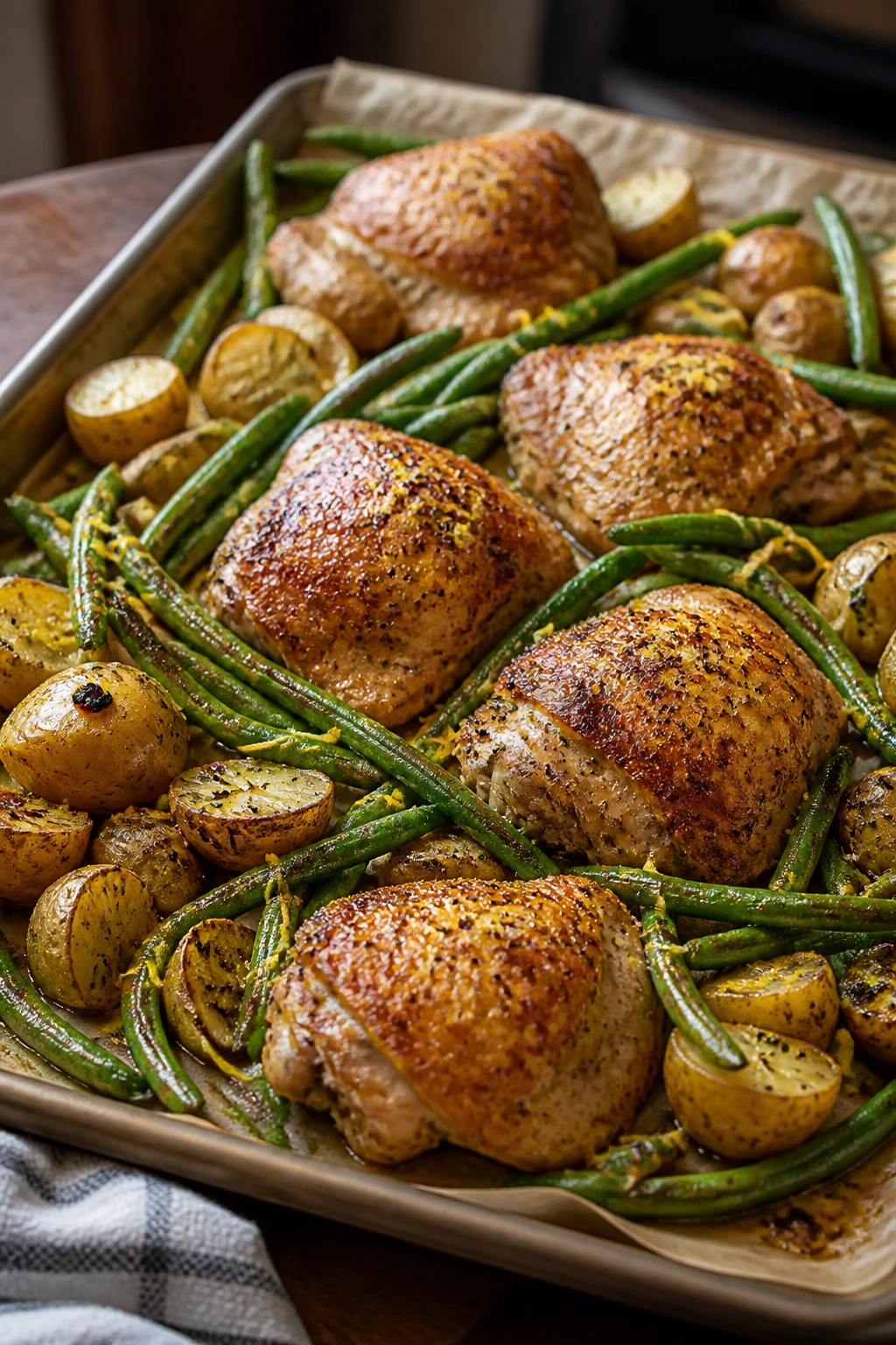 Sheet-pan chicken with potatoes and green beans on parchment in a warm kitchen
