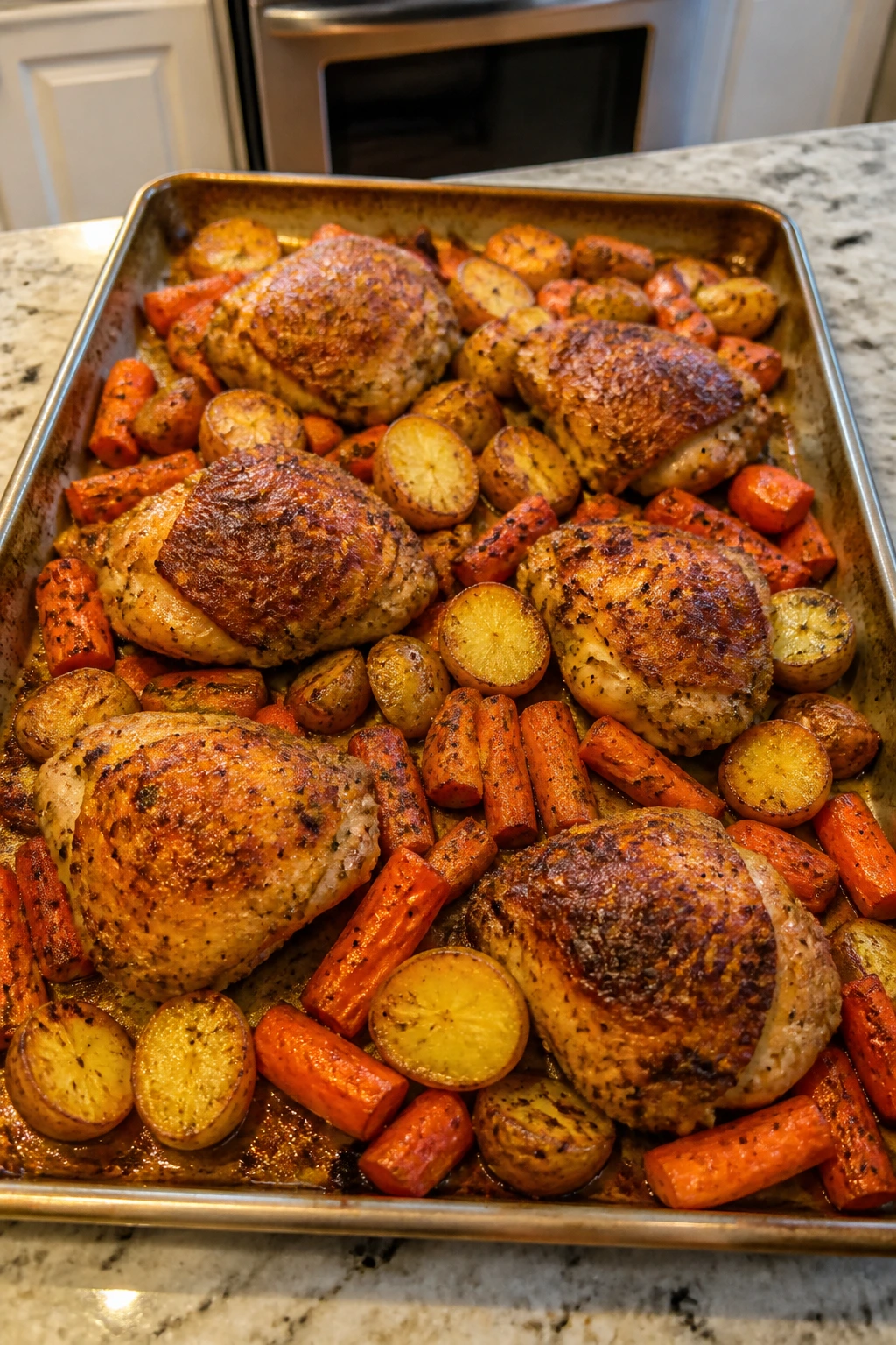 Close-up of sheet-pan chicken thighs with potatoes and carrots on a pan