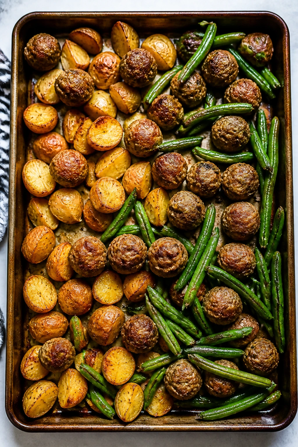 Top-down view of sheet-pan meatballs with potatoes and green beans