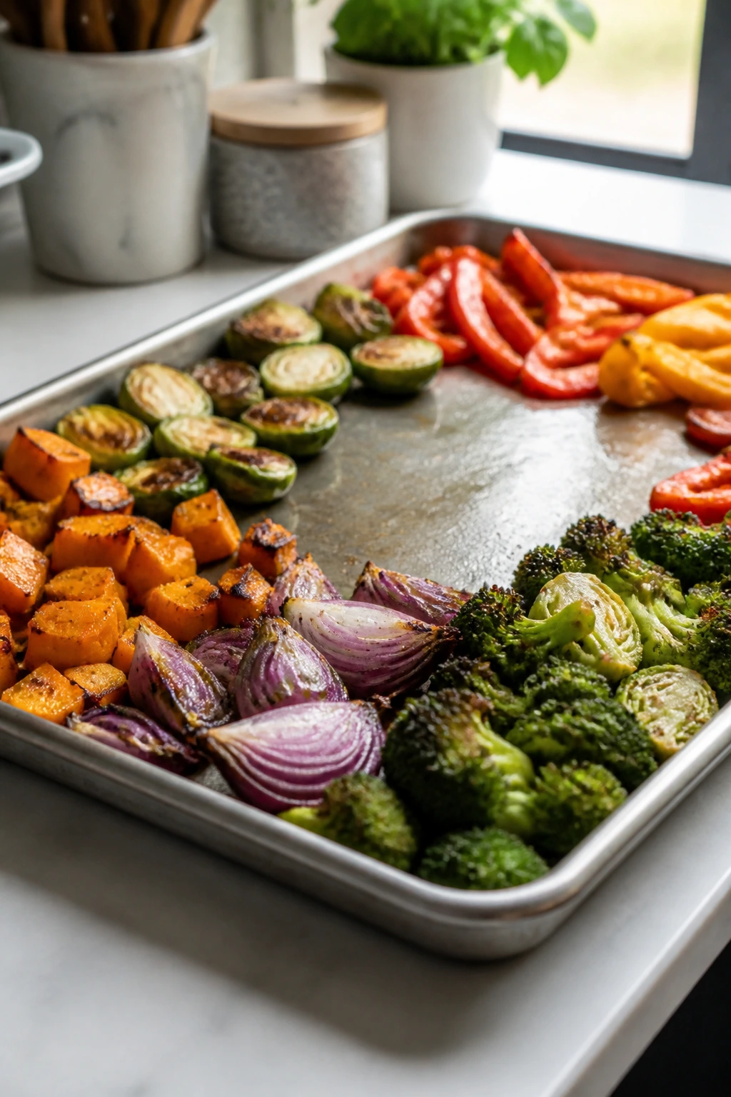 Close-up of a rimmed sheet pan on a kitchen counter