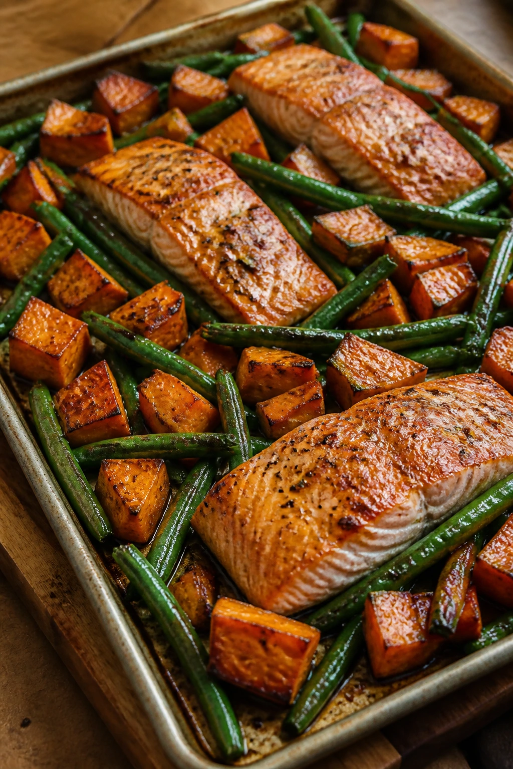 Sheet-pan salmon with sweet potatoes and green beans on a kitchen counter.