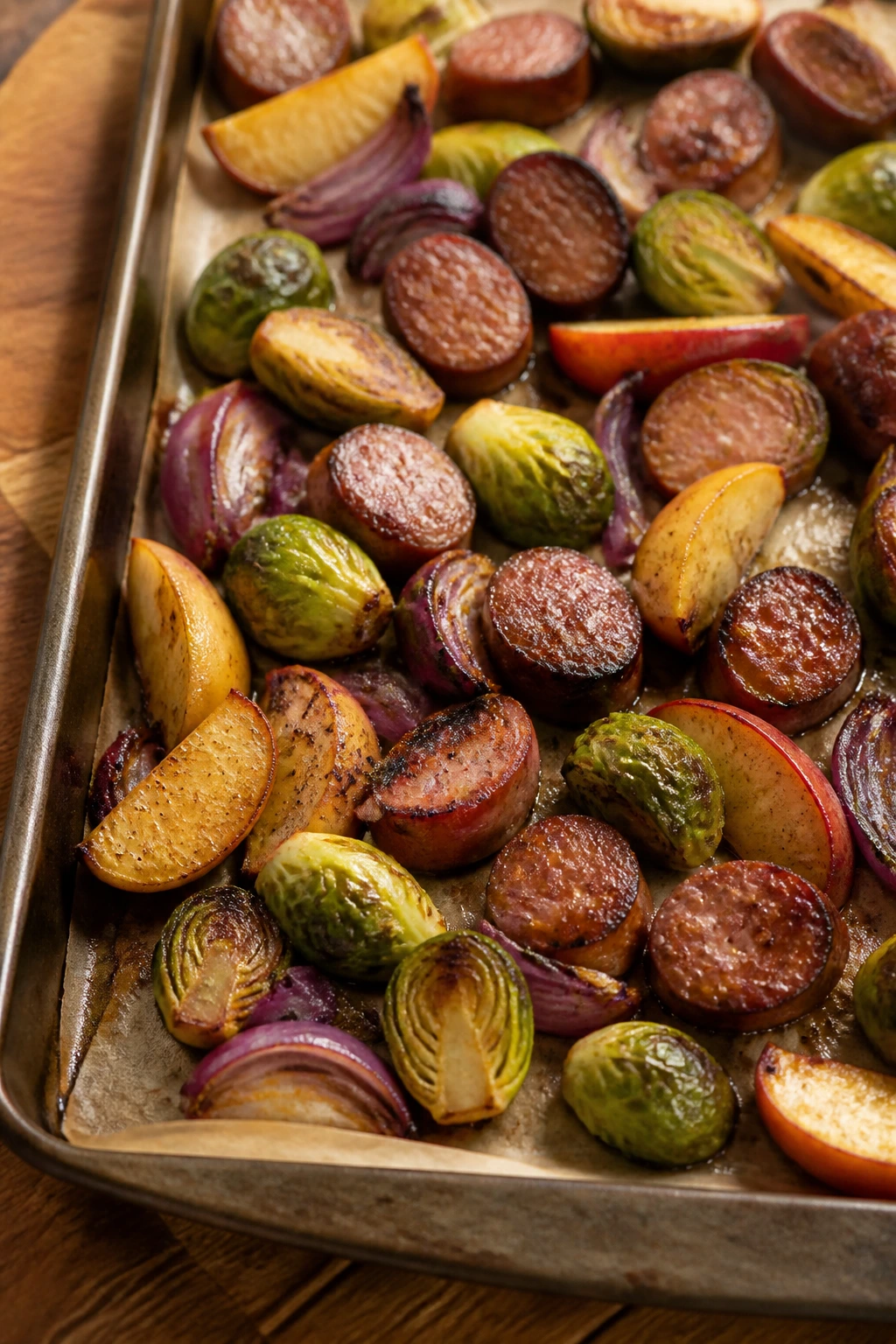 Roasting sheet pan with sausage, apples, and Brussels sprouts sizzling in warm kitchen light