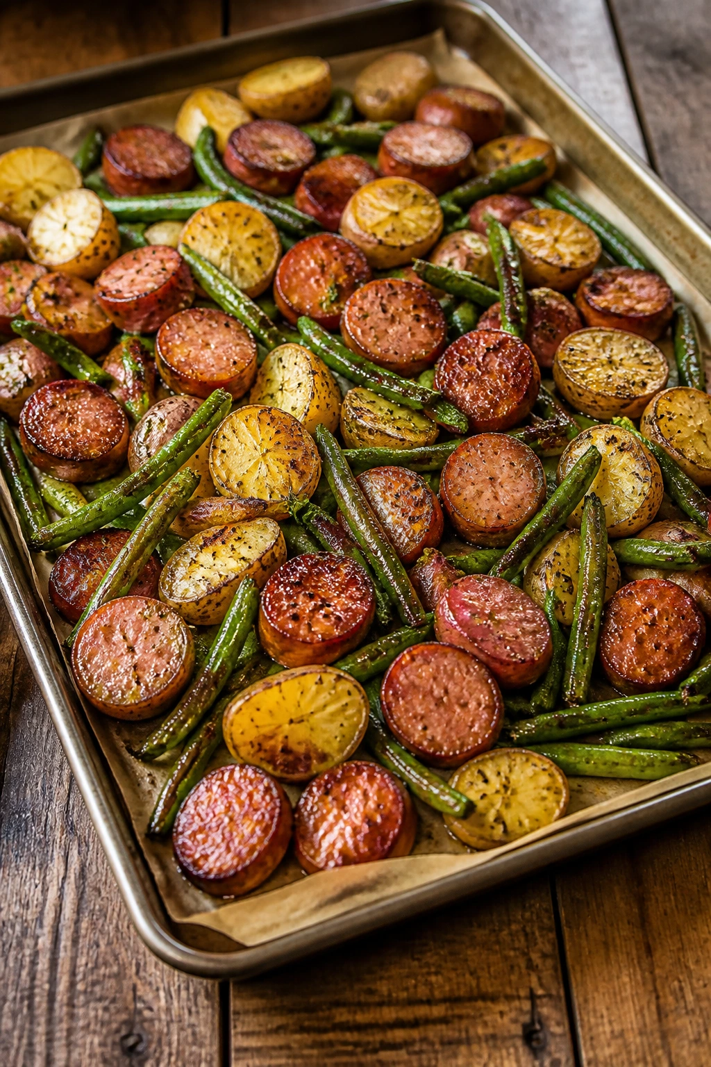 Sheet pan with browned smoked sausage, potatoes, and green beans ready for roasting.