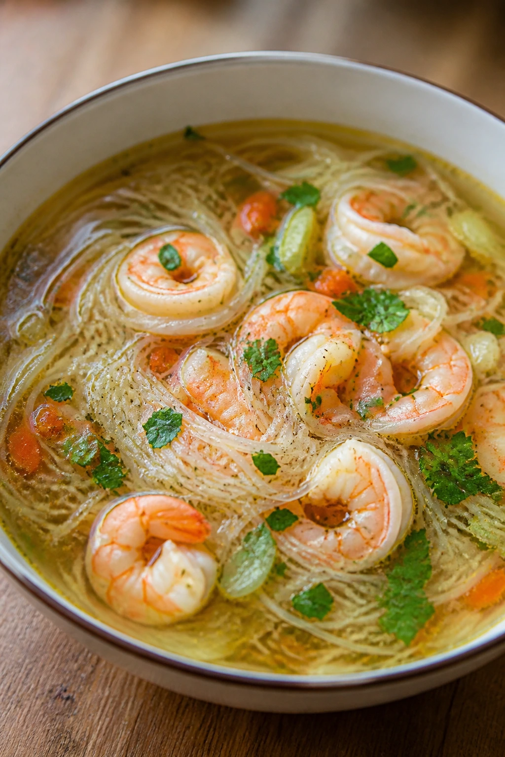 Close-up of Shellfish Stock Shrimp Soup with vermicelli