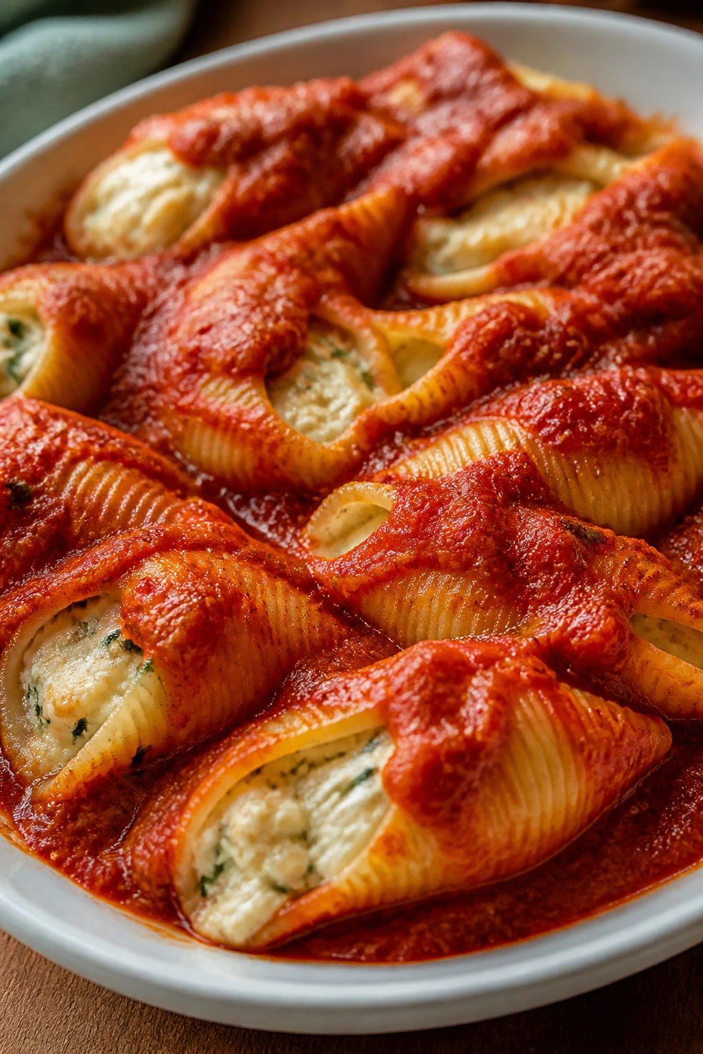 Close-up plate of stuffed shells with ricotta and marinara