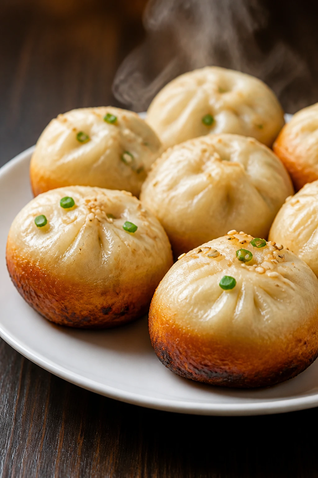 Pan-fried Sheng Jian Bao buns on a plate