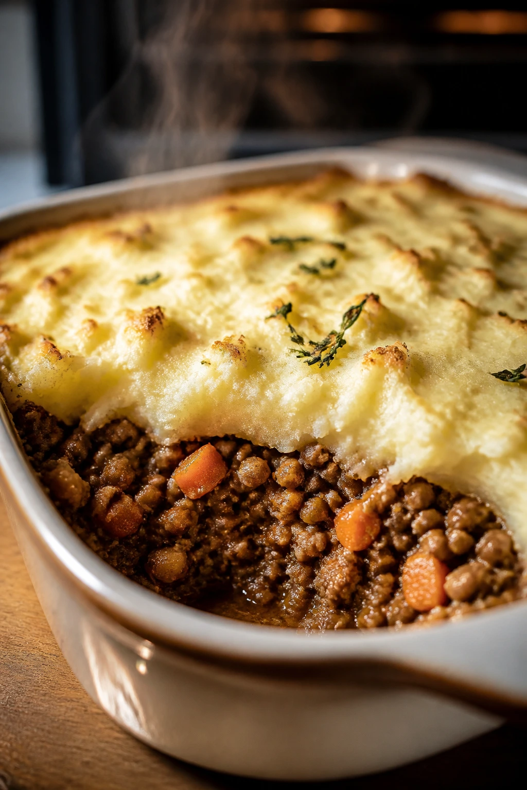 Slice of shepherd’s pie with beef lentil filling and cauliflower mash