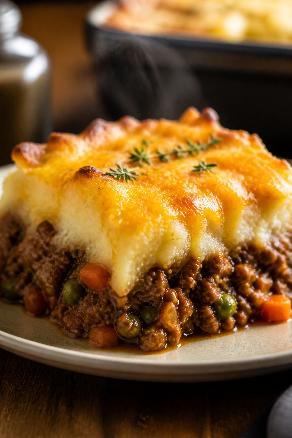Cross-section of shepherd’s pie with cheddar mashed topping