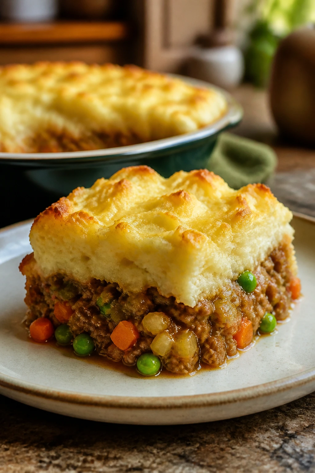 Plated slice of Shepherd's Pie showing hidden veggies beneath mashed potatoes